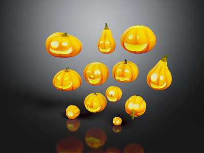 Cartoon Halloween Pumpkin Scene With Various Sizes Smiling Faces And Orange Reflections 3d model