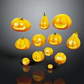 Cartoon Halloween Pumpkin Scene With Various Sizes Smiling Faces And Orange Reflections