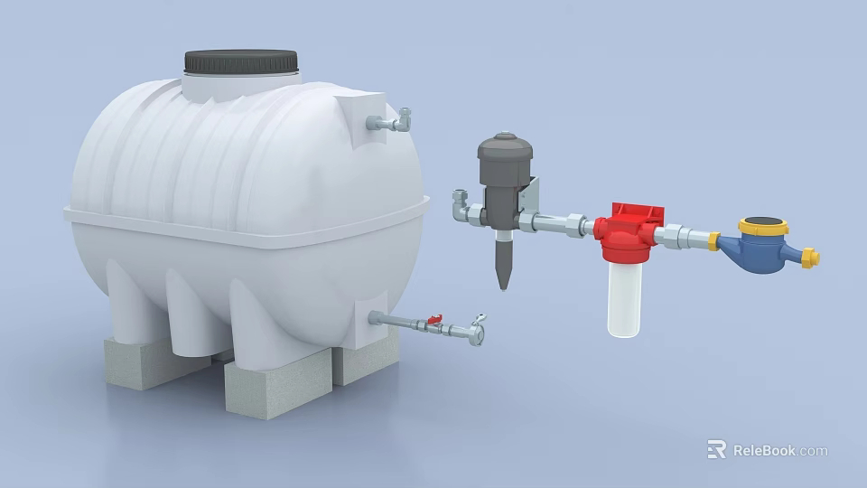 Industrial Equipment With White Storage Tank Gray Base Connected Pipes Valves And Red Components 3d model 