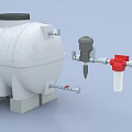 Industrial Equipment With White Storage Tank Gray Base Connected Pipes Valves And Red Components