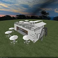 Modern Café Exterior Design With Outdoor Seating Area Lawn Umbrellas Glass Walls and Upper Deck