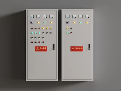 Two Gray Control Cabinets With Buttons Indicators Meters And Warning Signs 3d model