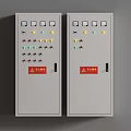 Two Gray Control Cabinets With Buttons Indicators Meters And Warning Signs 3d model