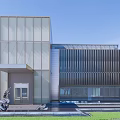 Modern Sales Office Building Facade With Vertical Grilles Glass Curtain Walls And Water Feature