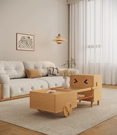Modern Wooden Coffee Table In Living Room With White Sofa Cushions Vase Flowers And Remote 3d model