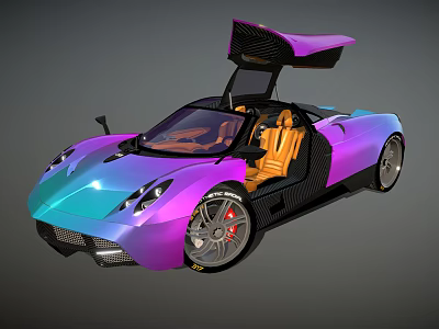 Iridescent Purple Supercar With Scissor Doors Open Orange Interior And Carbon Fiber Accents 3d model