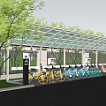 Modern Bicycle Parking Lot With Covered Roof Green Trees Signs And Bicycles