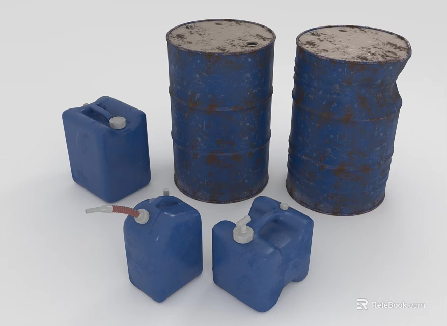 Rusty Blue Barrels And Blue Jerry Cans With White Caps And Red Tubes 3d model 