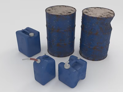 Rusty Blue Barrels And Blue Jerry Cans With White Caps And Red Tubes 3d model