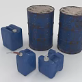 Rusty Blue Barrels And Blue Jerry Cans With White Caps And Red Tubes