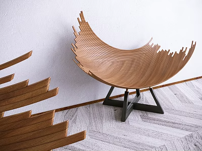 Minimalist Wooden Single Chair With Curved Sculptural Design And Black Metal Base 3d model