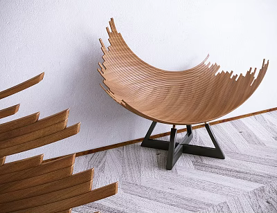 Minimalist Wooden Single Chair With Curved Sculptural Design And Black Metal Base 3d model
