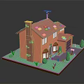 Orange Exterior House With Red Roof Chimney Garage Windows Green Shrubs And Lawn