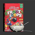 Colorful Breakfast Cereal in White Bowl with Spoon and Red Packaging Box