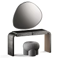 Black Wooden Dressing Table With Teardrop Shaped Mirror And Grey Velvet Stool