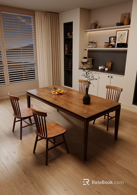 Solid Wood Dining Table Combination With Four Windsor Chairs For Warm Cozy Home Dining Space 3d model 