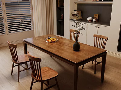 Solid Wood Dining Table Combination With Four Windsor Chairs For Warm Cozy Home Dining Space 3d model