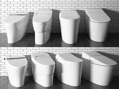 Modern White Toilets with Different Designs Against Brick Wall Background and Dark Floor Tiles 3d model