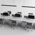 Modern Office Desk Setup With Multiple Workstations Ergonomic Chairs Dual Monitors And Hanging Lights 3d model