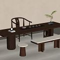 Modern Wooden Tea Table Set With Chair Bench Stool And Tea Set Green Plant