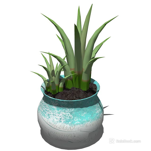 Decorative Potted Plant With Green Long Leaves In Blue And White Textured Pot 3d model 