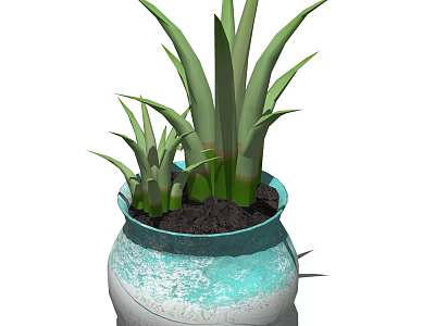 Decorative Potted Plant With Green Long Leaves In Blue And White Textured Pot 3d model