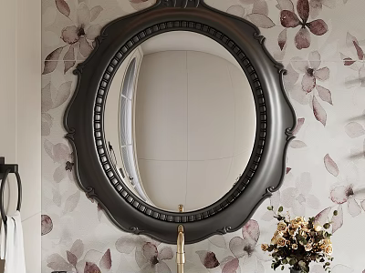 Round Black Carved Frame Mirror On Floral Wallpaper With Flower Bouquet And Towel Rack 3d model
