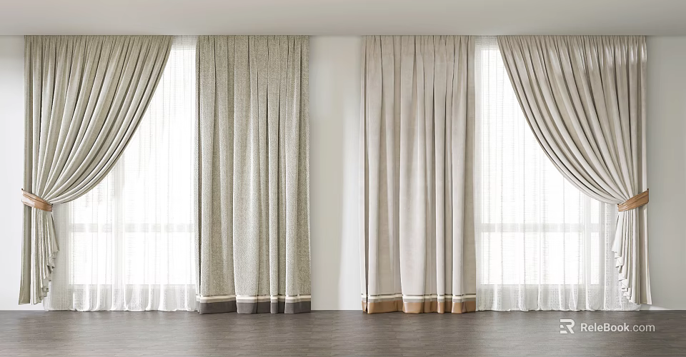 Elegant Light Beige Floor Length Curtains With Sheer Panels And Decorative Hem For Windows 3d model 