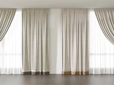 Elegant Light Beige Floor Length Curtains With Sheer Panels And Decorative Hem For Windows 3d model
