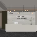 Modern White Curved Reception Desk Interior Design With Hanging Lights And Potted Plant