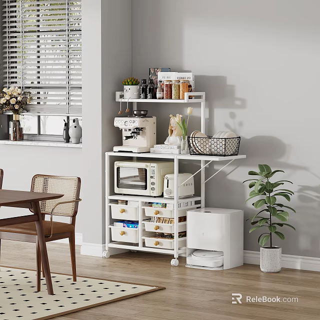 Multifunctional Storage Shelf with Microwave Drawers Wheels and Potted Plant in Kitchen Dining Area 3d model 