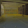 Abandoned Building Interior with Colorful Graffiti Art on Walls Empty Space and Exposed Ceiling Beams