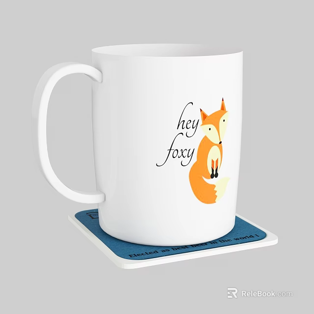 Cute Dinnerware Set With White Mug Orange Fox Design Hey Foxy Text And Blue Coaster 3d model