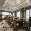 Elegant Meeting Room Interior Design With Long Wooden Table Striped Chairs And Bookshelves