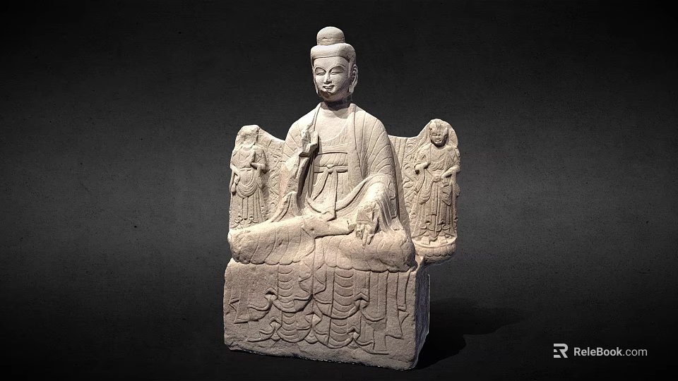 Ancient Buddha Stone Carving Sculpture With Seated Posture And Attendant Figures 3d model 
