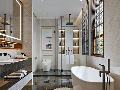 Luxurious Modern Bathroom Interior With Freestanding Bathtub Glass Shower And Marble Vanity 3d model