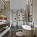 Luxurious Modern Bathroom Interior With Freestanding Bathtub Glass Shower And Marble Vanity