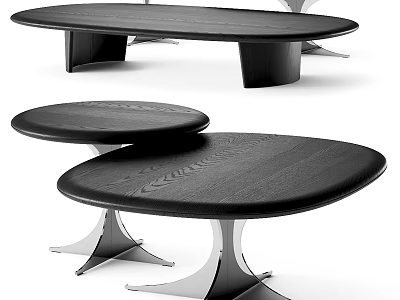 Modern Coffee Table Set With Oval And Round Wooden Tops And Metal Bases 3d model