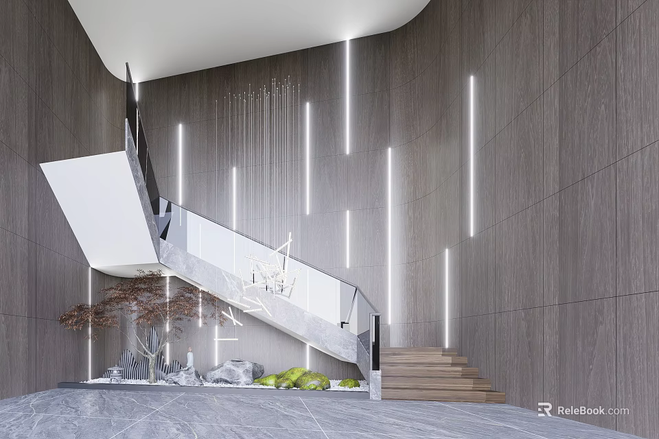 Modern Staircase Design With Glass Railing Gray Walls Vertical Light Strips And Marble Floor 3d model 