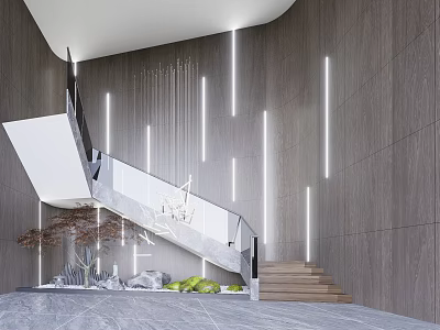 Modern Staircase Design With Glass Railing Gray Walls Vertical Light Strips And Marble Floor 3d model