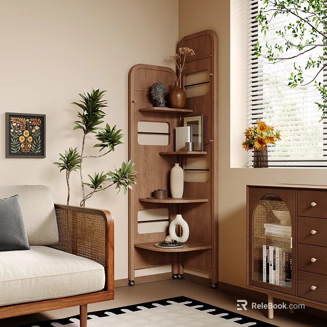 Modern Wooden Storage Shelf Unit With Multi Tiered Shelves And Decorative Vases In Living Room 3d model 