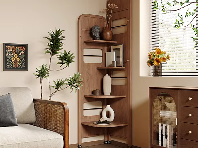 Modern Wooden Storage Shelf Unit With Multi Tiered Shelves And Decorative Vases In Living Room 3d model