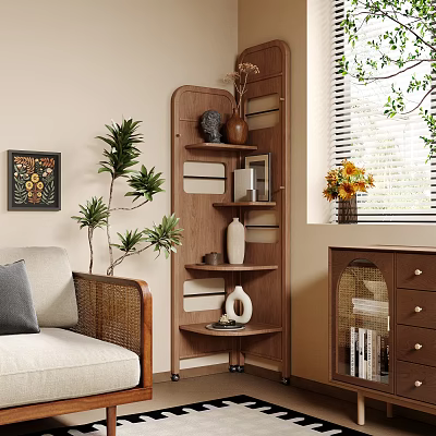 Modern Wooden Storage Shelf Unit With Multi Tiered Shelves And Decorative Vases In Living Room 3d model