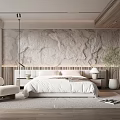 Minimalist Bedroom Interior With Textured Marble Wall Wooden Accents And White Bedding