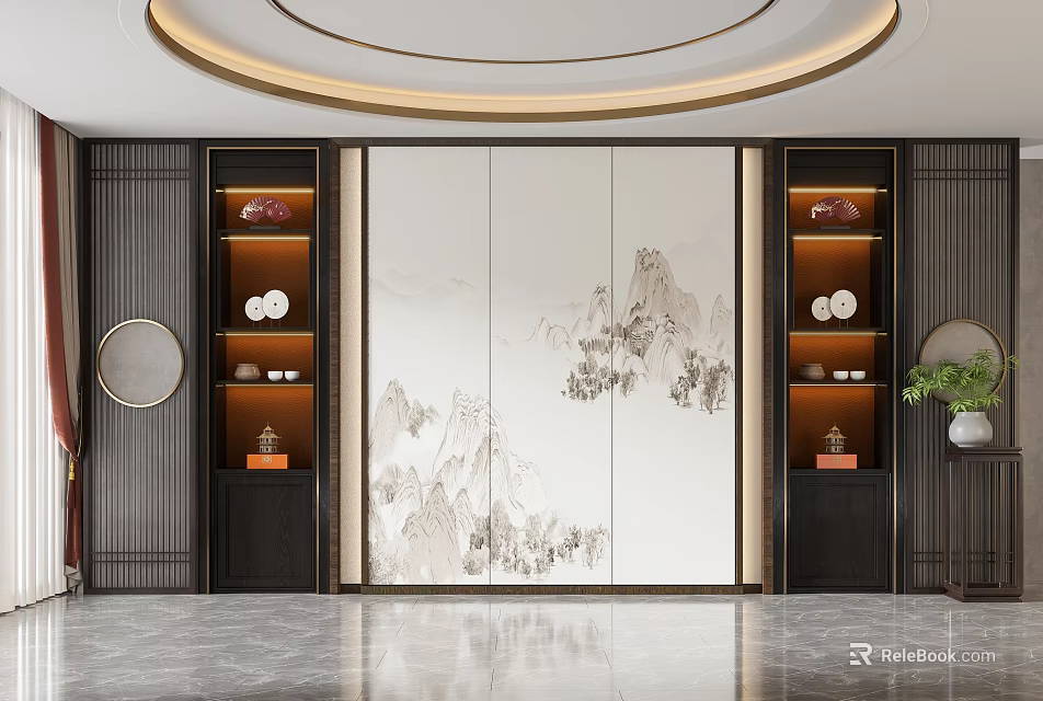 Elegant Modern Chinese Style TV Cabinet With Mountain Painting And Side Display Shelves 3d model 
