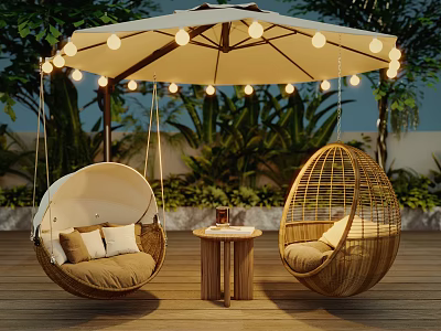 Rattan Hanging Chairs On Outdoor Patio With Umbrella String Lights And Green Plants 3d model