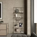 Modern Metal Storage Shelf With Multiple Tiers Decorative Items And Green Plant On Gray Wall
