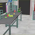 Sturdy Laboratory Furniture Setup With Metal Workbench Microscope And Storage Cabinets