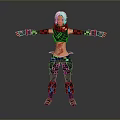 Woman With White Hair In Black Outfit Red Decorations Arms Outstretched Red Tattoo Abdomen