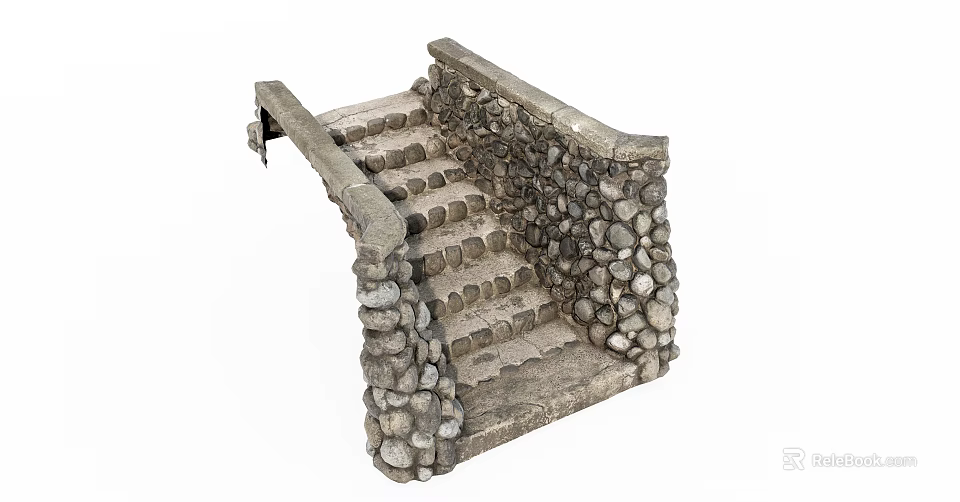 Outdoor Stone Staircase With Gray Steps Flanked By Rough Stone Walls 3d model